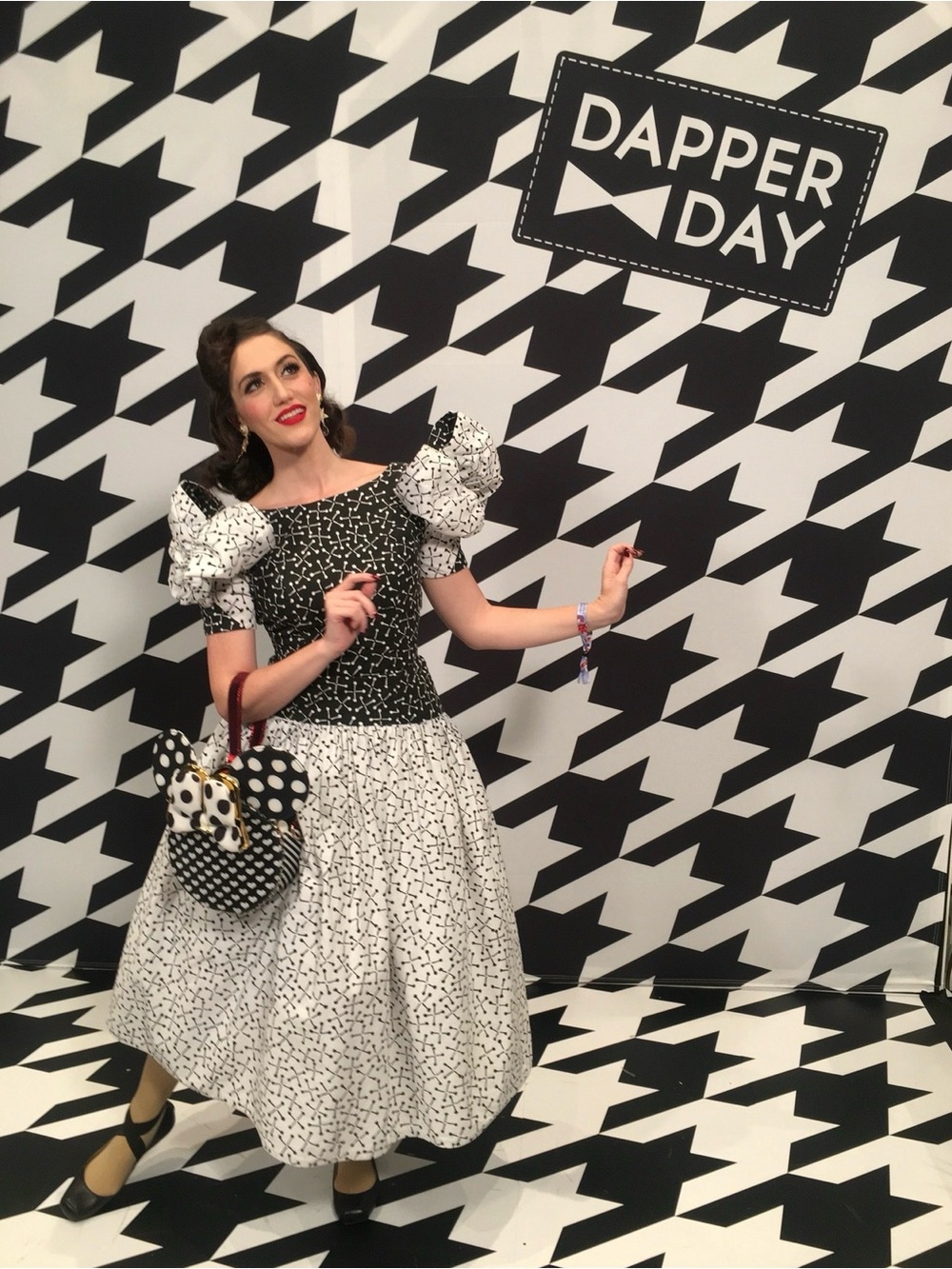Victor Costa Black and White Polka Patchwork insane Puff-Sleeve Dress